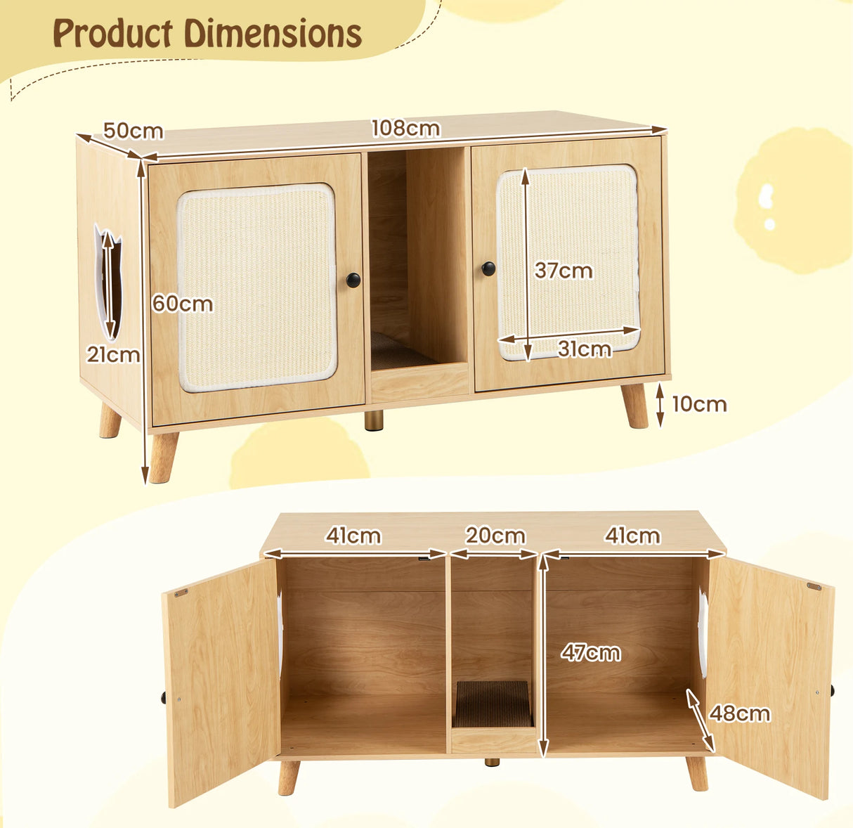 Cat Litter Box Enclosure for 2 Cats with Double Rooms and 2 Sisal Scratching Mats-Natural