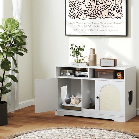 Cat Litter Box Enclosure with Storage and Double Rooms for 2 Cats-White