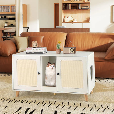 Cat Litter Box Enclosure for 2 Cats with Double Rooms and 2 Sisal Scratching Mats-White