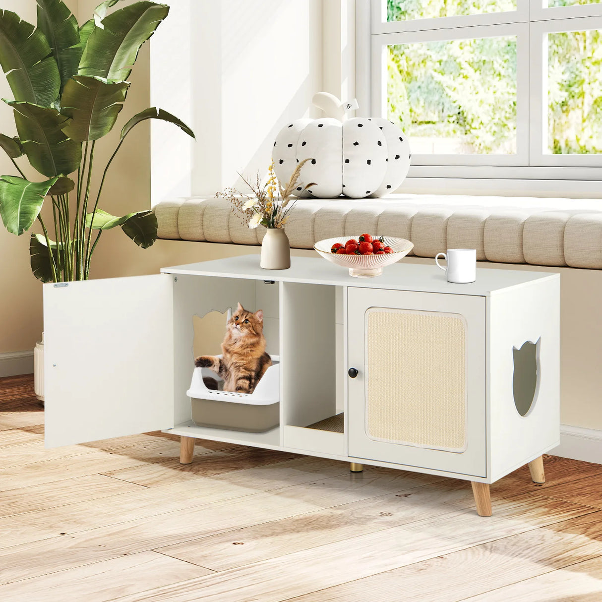 Cat Litter Box Enclosure for 2 Cats with Double Rooms and 2 Sisal Scratching Mats-White