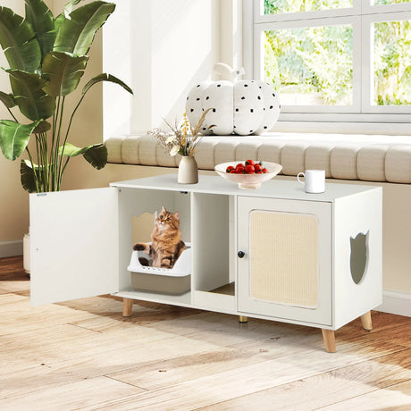 Cat Litter Box Enclosure for 2 Cats with Double Rooms and 2 Sisal Scratching Mats-White