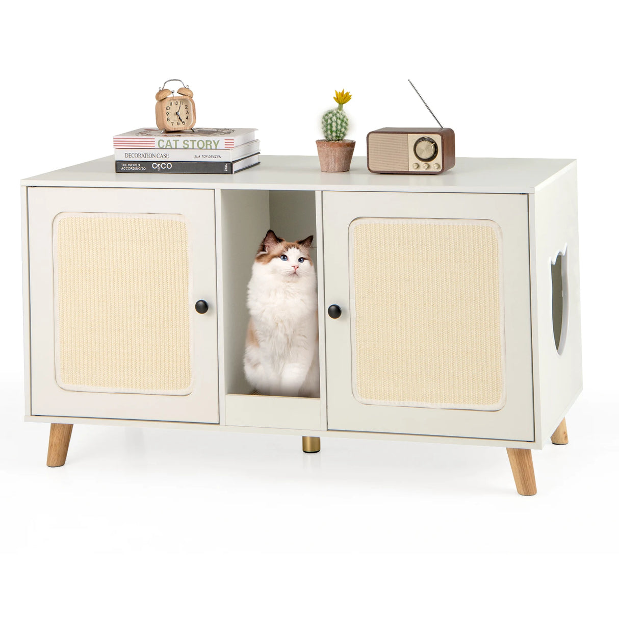 Cat Litter Box Enclosure for 2 Cats with Double Rooms and 2 Sisal Scratching Mats-White