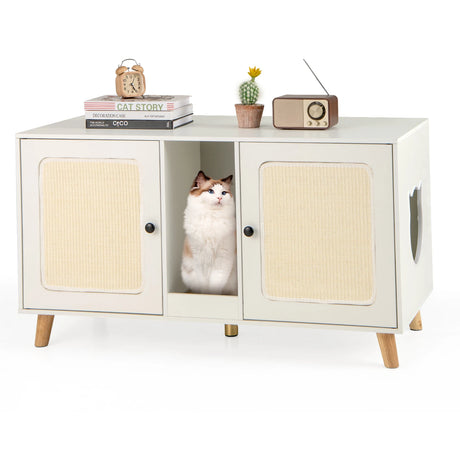 Cat Litter Box Enclosure for 2 Cats with Double Rooms and 2 Sisal Scratching Mats-White