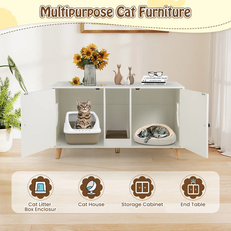 Cat Litter Box Enclosure for 2 Cats with Double Rooms and 2 Sisal Scratching Mats-White