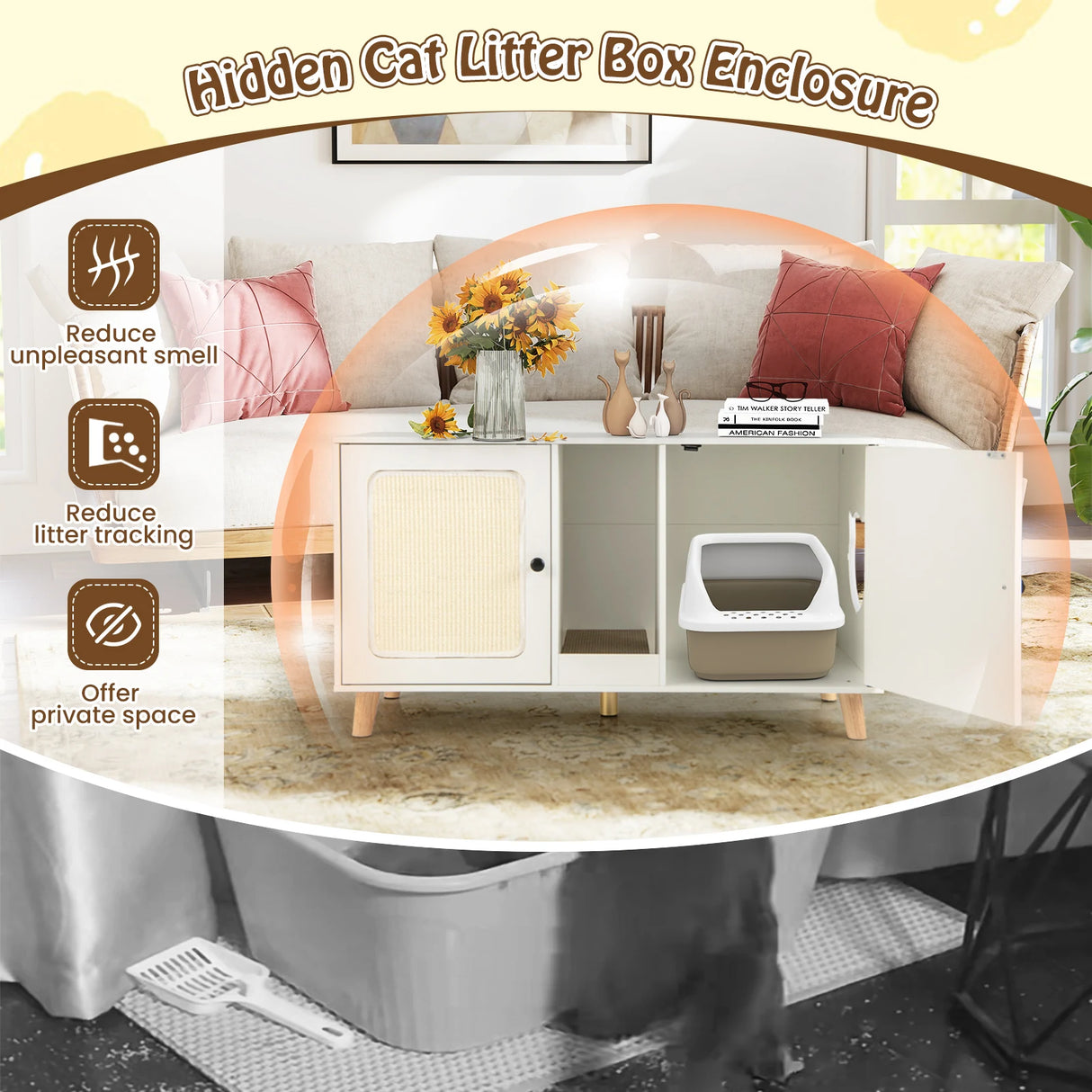 Cat Litter Box Enclosure for 2 Cats with Double Rooms and 2 Sisal Scratching Mats-White