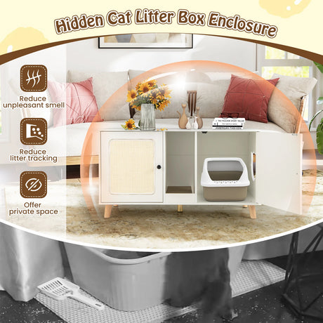 Cat Litter Box Enclosure for 2 Cats with Double Rooms and 2 Sisal Scratching Mats-White