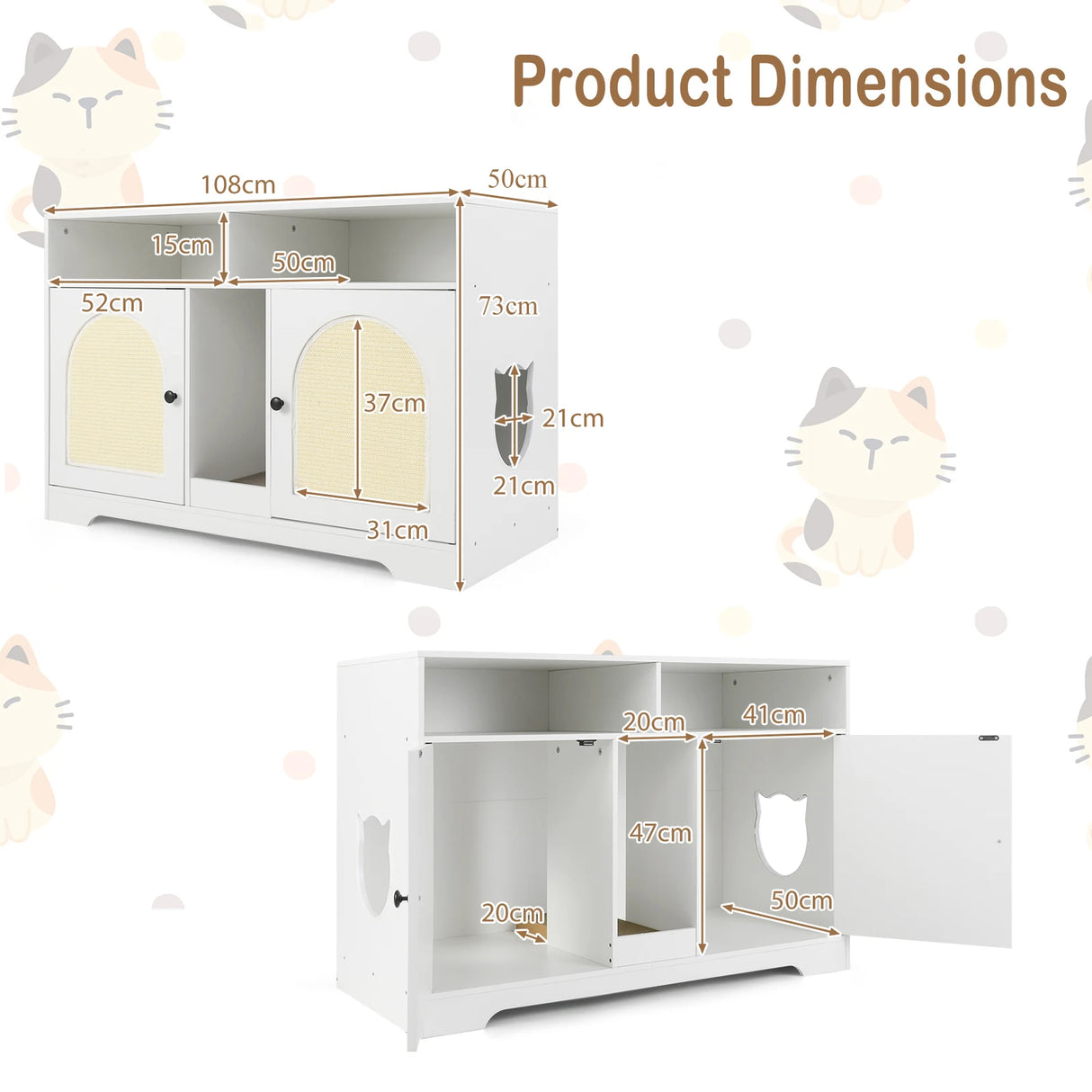 Cat Litter Box Enclosure with Storage and Double Rooms for 2 Cats-White