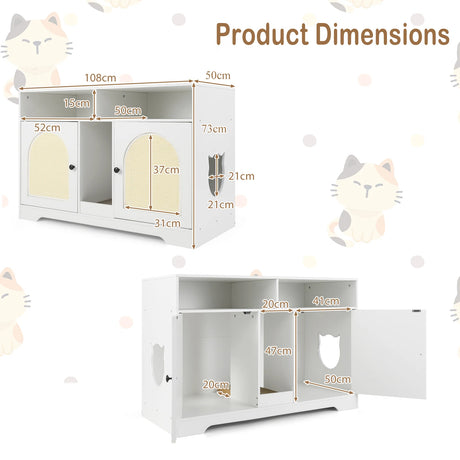 Cat Litter Box Enclosure with Storage and Double Rooms for 2 Cats-White