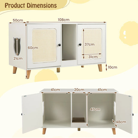 Cat Litter Box Enclosure for 2 Cats with Double Rooms and 2 Sisal Scratching Mats-White