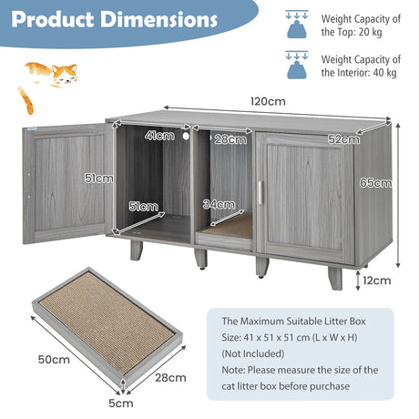 2-Door Cat Litter Box Enclosure with Winding Entry and Scratching Board-Oak