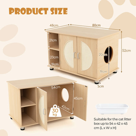 Cat Litter Box Enclosure with Sisal Scratching Doors and Adjustable Metal Feet-Natural