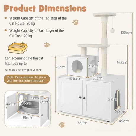 Cat Tree with Litter Box Enclosure with Cat Condo-White