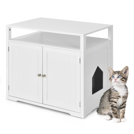 Cat Litter Box Enclosure with Adjustable and Removable Divider for Pet-White