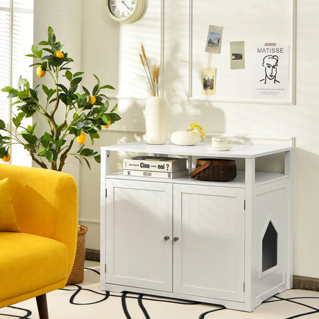Cat Litter Box Enclosure with Adjustable and Removable Divider for Pet-White