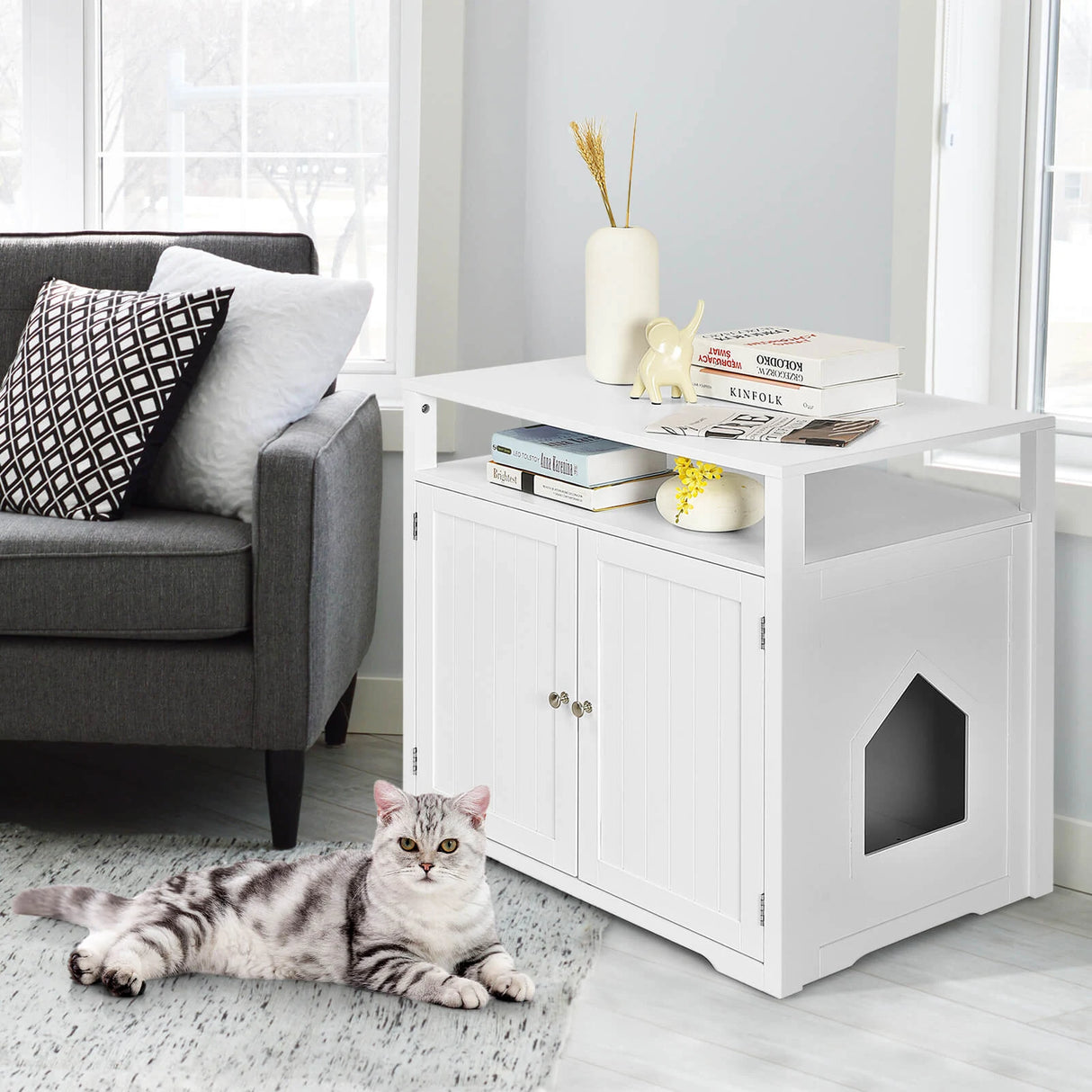 Cat Litter Box Enclosure with Adjustable and Removable Divider for Pet-White
