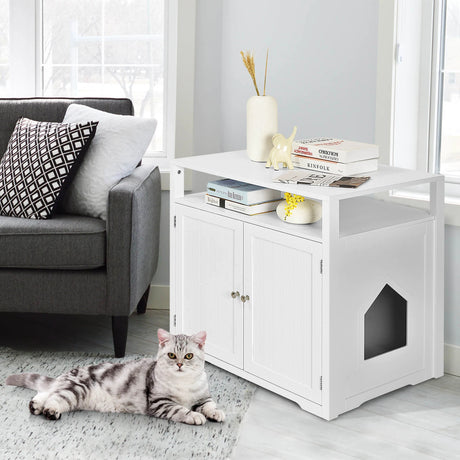 Cat Litter Box Enclosure with Adjustable and Removable Divider for Pet-White