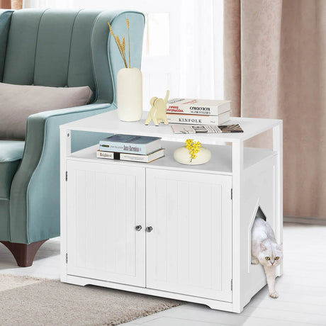 Cat Litter Box Enclosure with Adjustable and Removable Divider for Pet-White