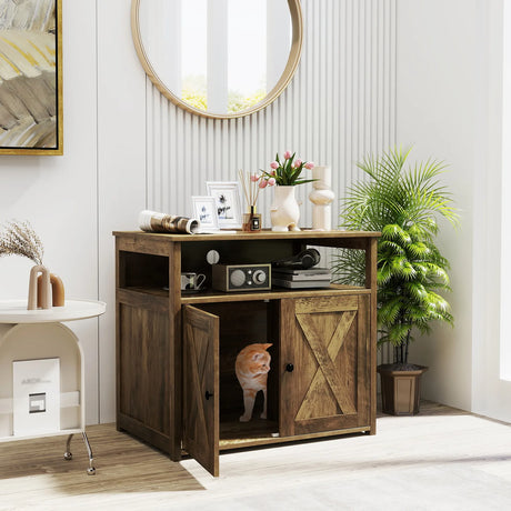 Cat Litter Box Enclosure with Double Barn Doors, Divider, Side Entry and Storage Shelf