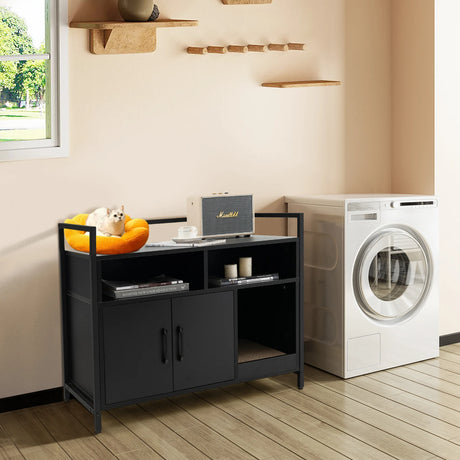 Wooden Cat Litter Box Enclosure with Compartment and Scratching Board-Black