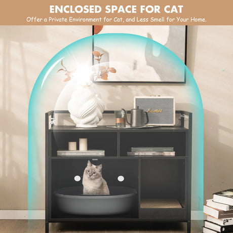 Wooden Cat Litter Box Enclosure with Compartment and Scratching Board-Black