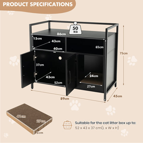 Wooden Cat Litter Box Enclosure with Compartment and Scratching Board-Black