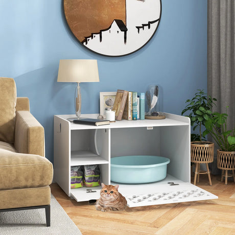 Cat Litter Box Enclosure with Removable Cushion and Front Open Door-White