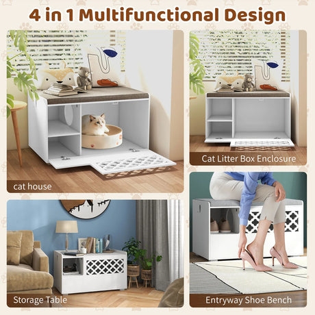 Cat Litter Box Enclosure with Removable Cushion and Front Open Door-White