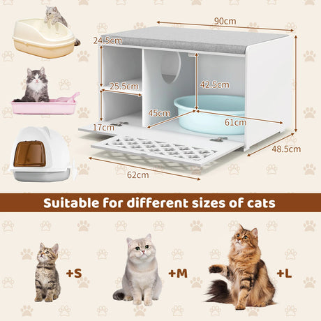 Cat Litter Box Enclosure with Removable Cushion and Front Open Door-White