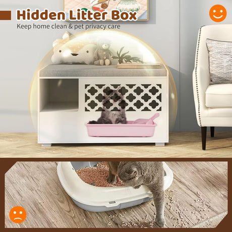 Cat Litter Box Enclosure with Removable Cushion and Front Open Door-White