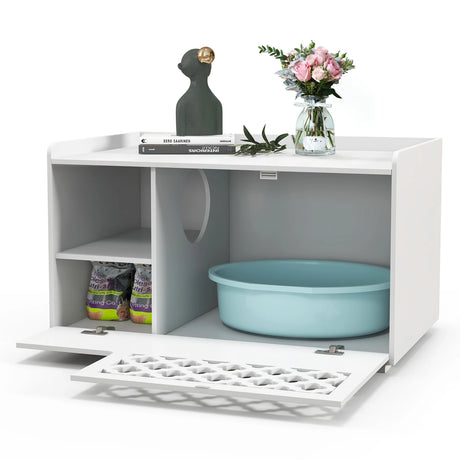 Cat Litter Box Enclosure with Removable Cushion and Front Open Door-White