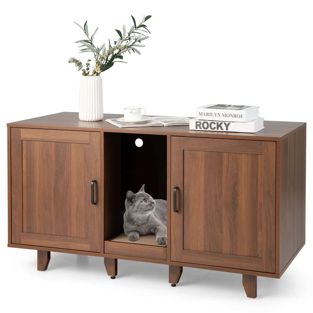 2-Door Cat Litter Box Enclosure with Winding Entry and Scratching Board-Brown