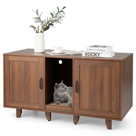 2-Door Cat Litter Box Enclosure with Winding Entry and Scratching Board-Brown