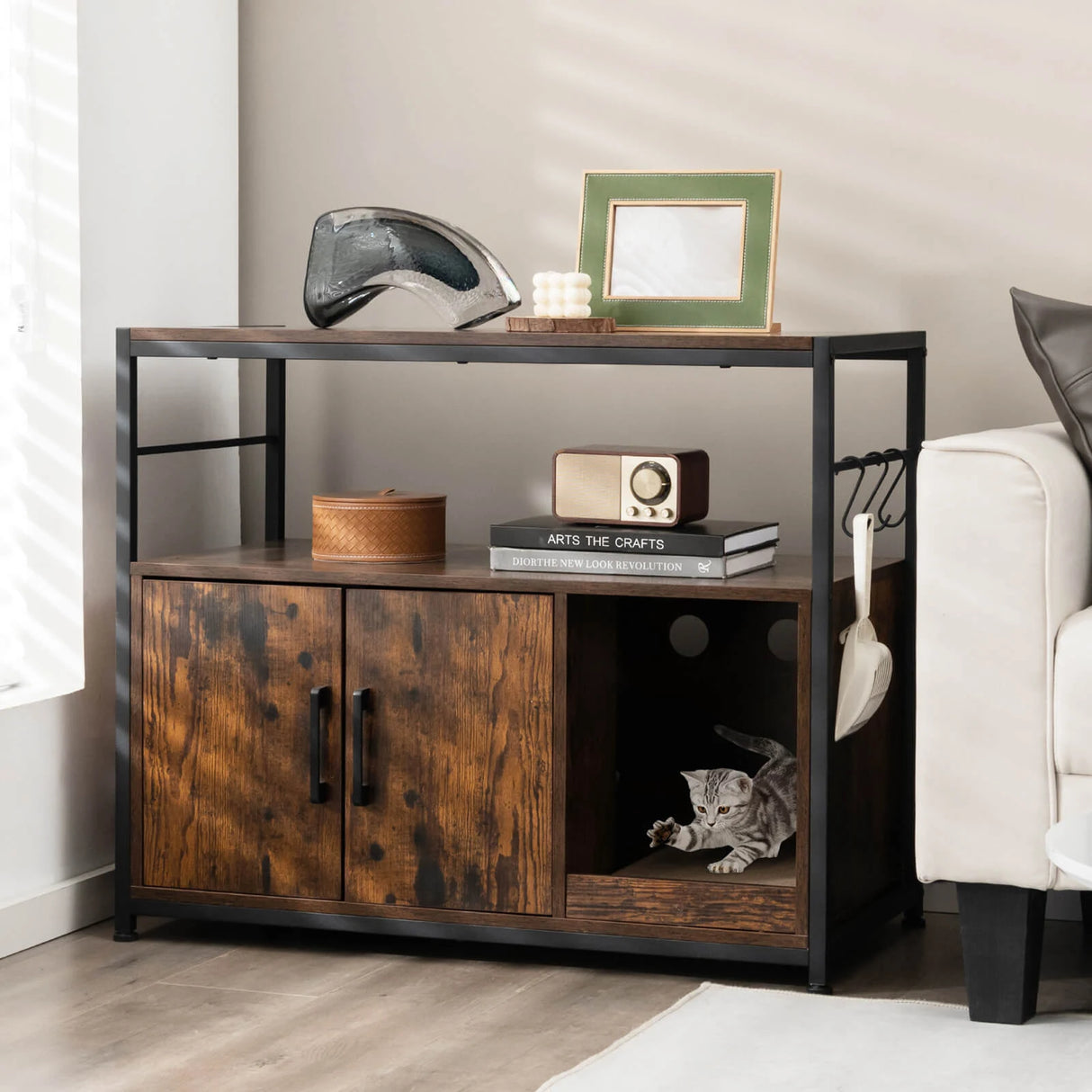 Wooden Cat Box Cabinet with with Metal Frame and Scratching Pad-Rustic Brown
