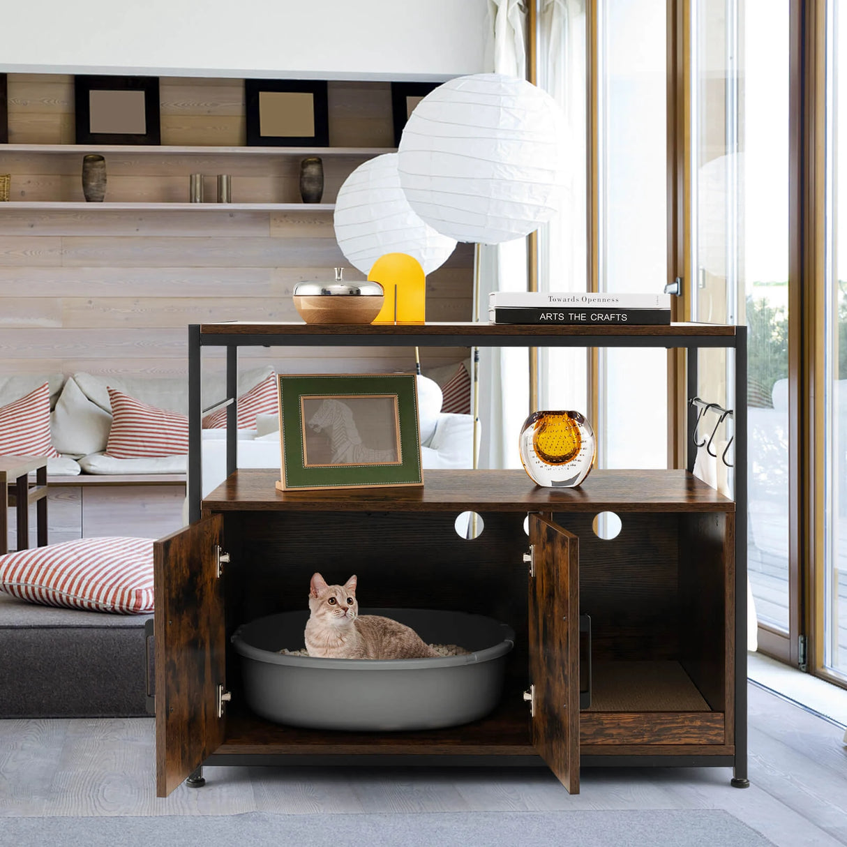 Wooden Cat Box Cabinet with with Metal Frame and Scratching Pad-Rustic Brown