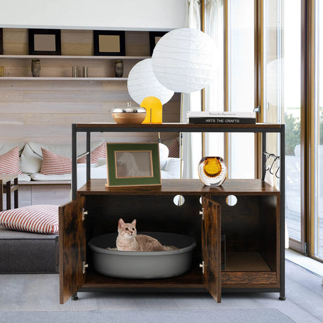Wooden Cat Box Cabinet with with Metal Frame and Scratching Pad-Rustic Brown