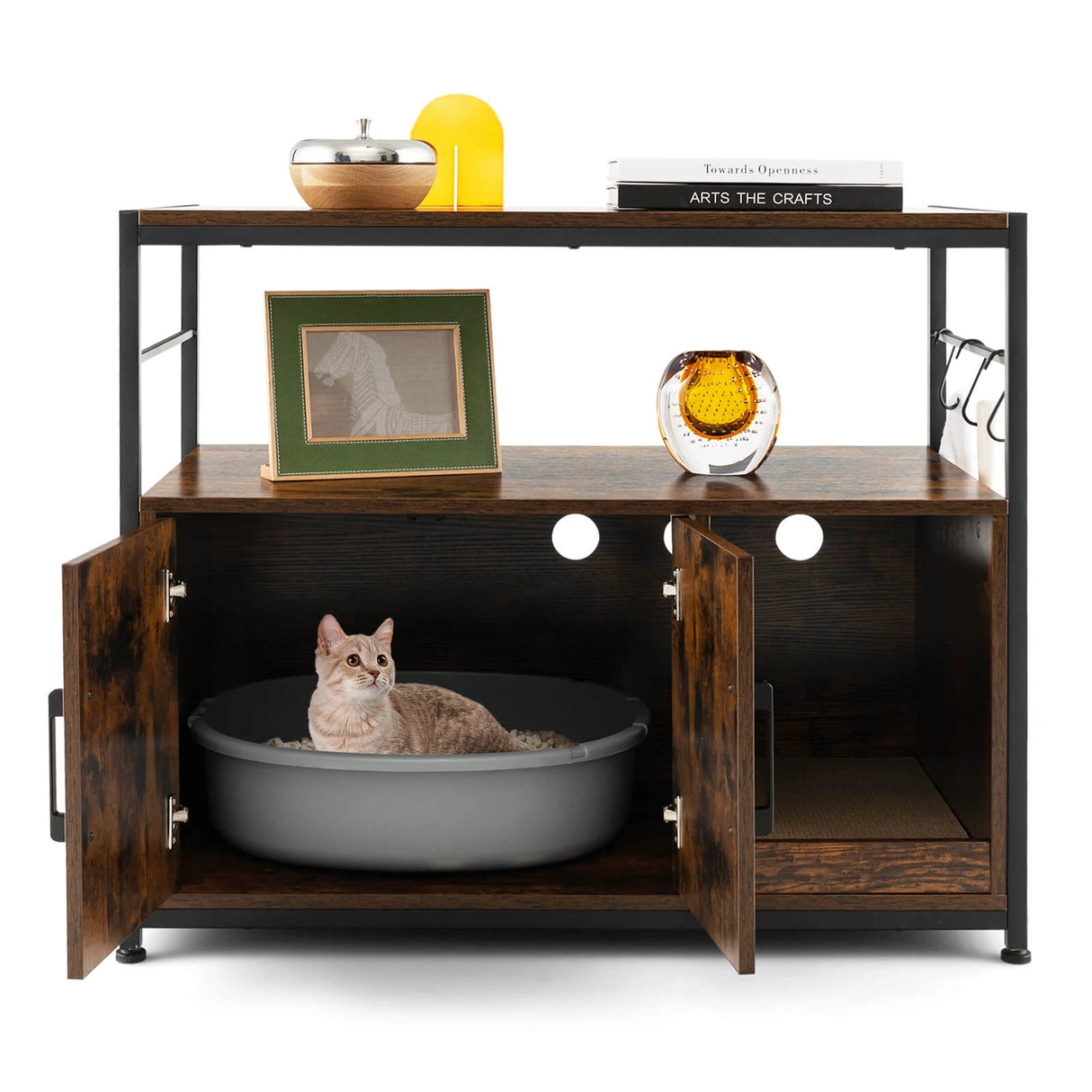 Wooden Cat Box Cabinet with with Metal Frame and Scratching Pad-Rustic Brown