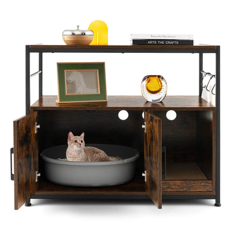 Wooden Cat Box Cabinet with with Metal Frame and Scratching Pad-Rustic Brown