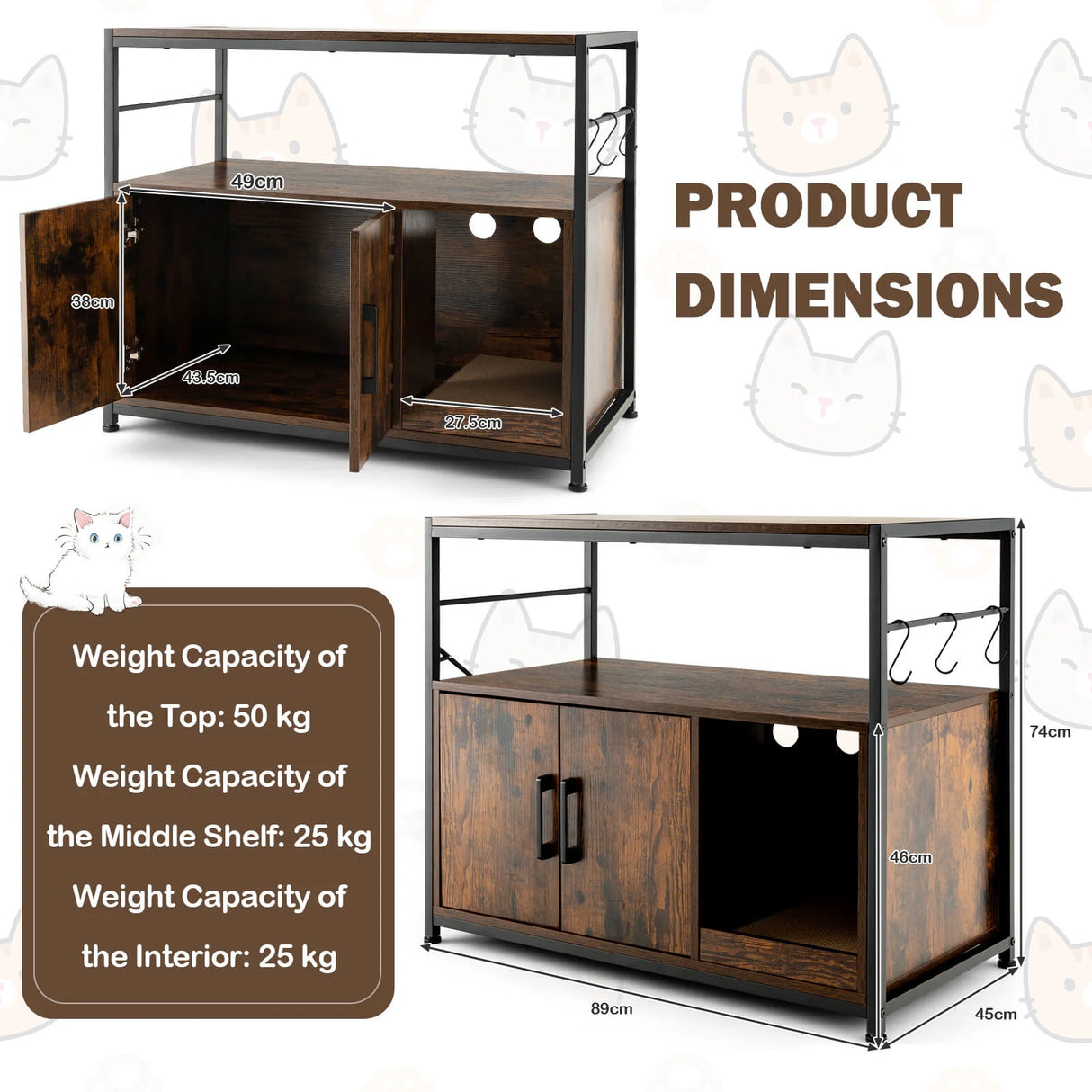 Wooden Cat Box Cabinet with with Metal Frame and Scratching Pad-Rustic Brown