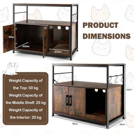 Wooden Cat Box Cabinet with with Metal Frame and Scratching Pad-Rustic Brown