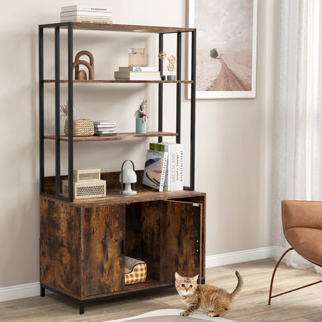 Cat Litter Box Enclosure with Storage and Shelves-Coffee