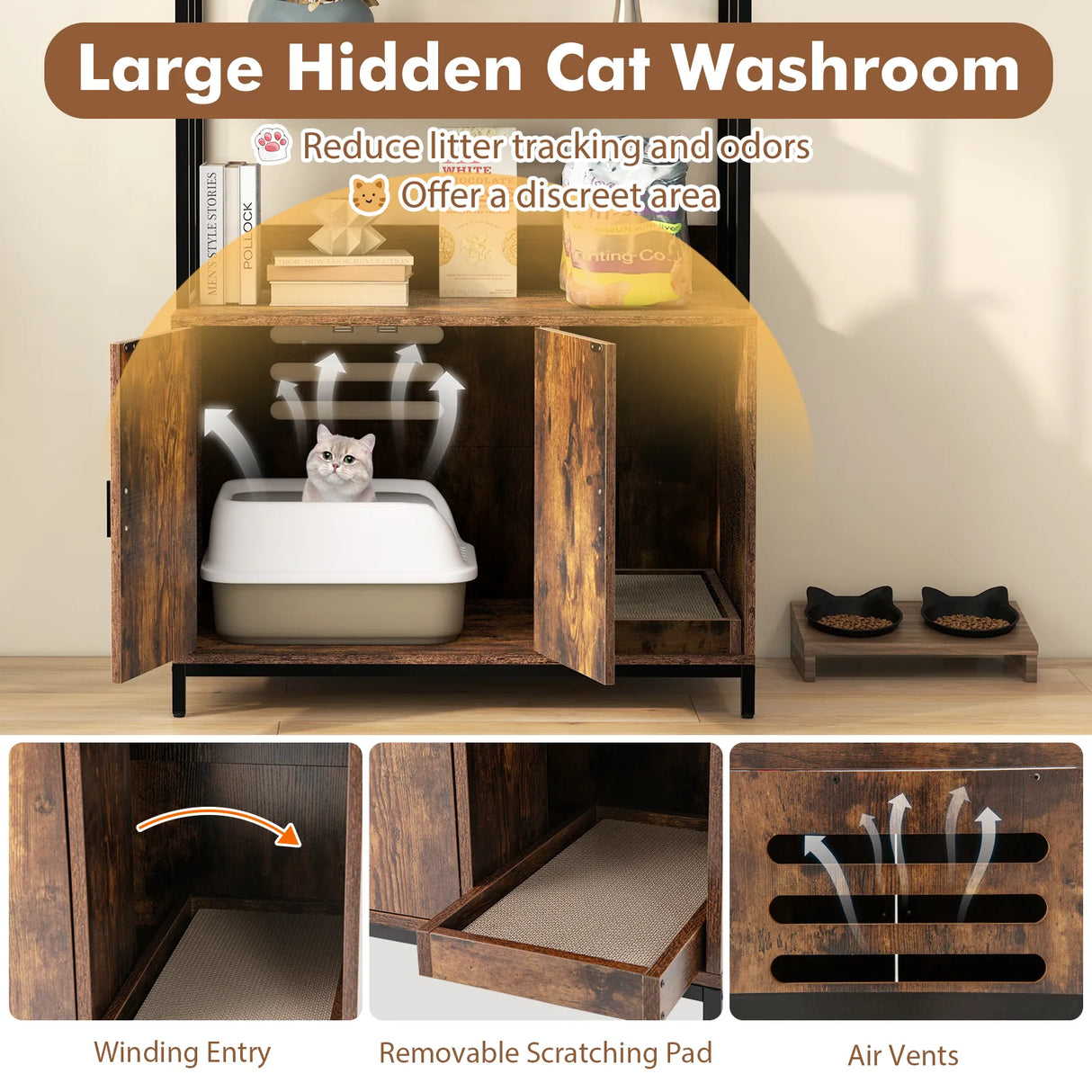 Cat Litter Box Enclosure with Storage and Shelves-Coffee