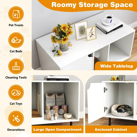 Cat Litter Box Enclosure with Storage and Removable Scratching Board-White