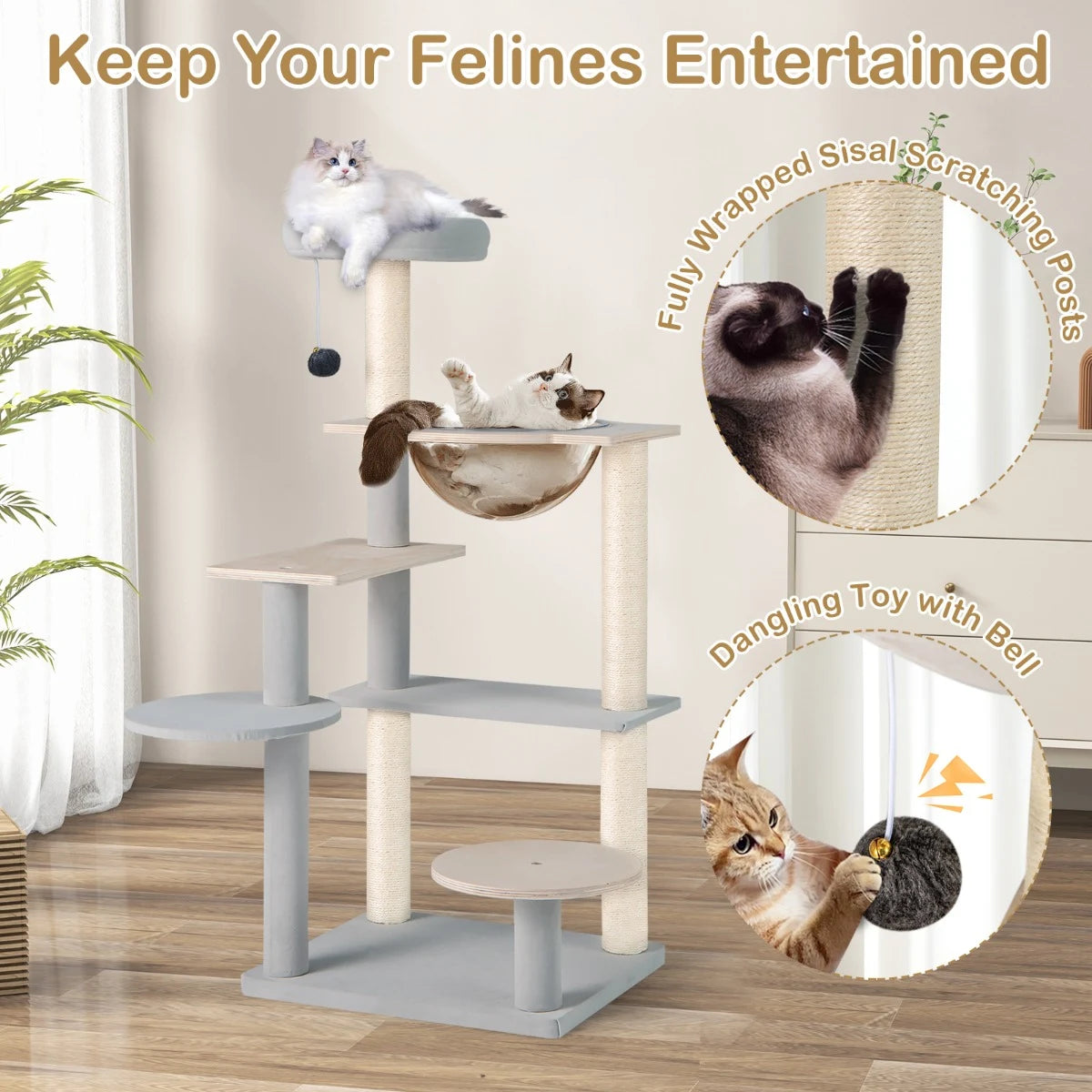 113 cm Multi-level Modern Cat Tree with Removable Padded Top Perch-Natural