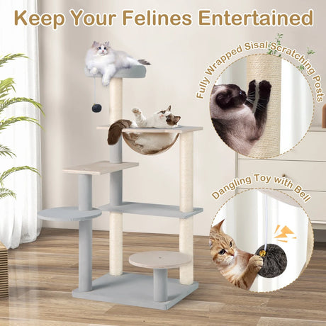 113 cm Multi-level Modern Cat Tree with Removable Padded Top Perch-Natural