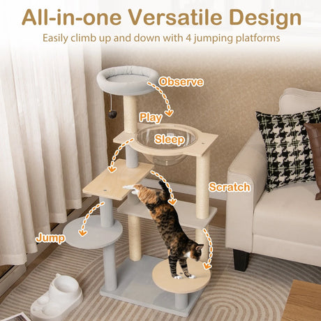 113 cm Multi-level Modern Cat Tree with Removable Padded Top Perch-Natural
