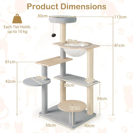 113 cm Multi-level Modern Cat Tree with Removable Padded Top Perch-Natural