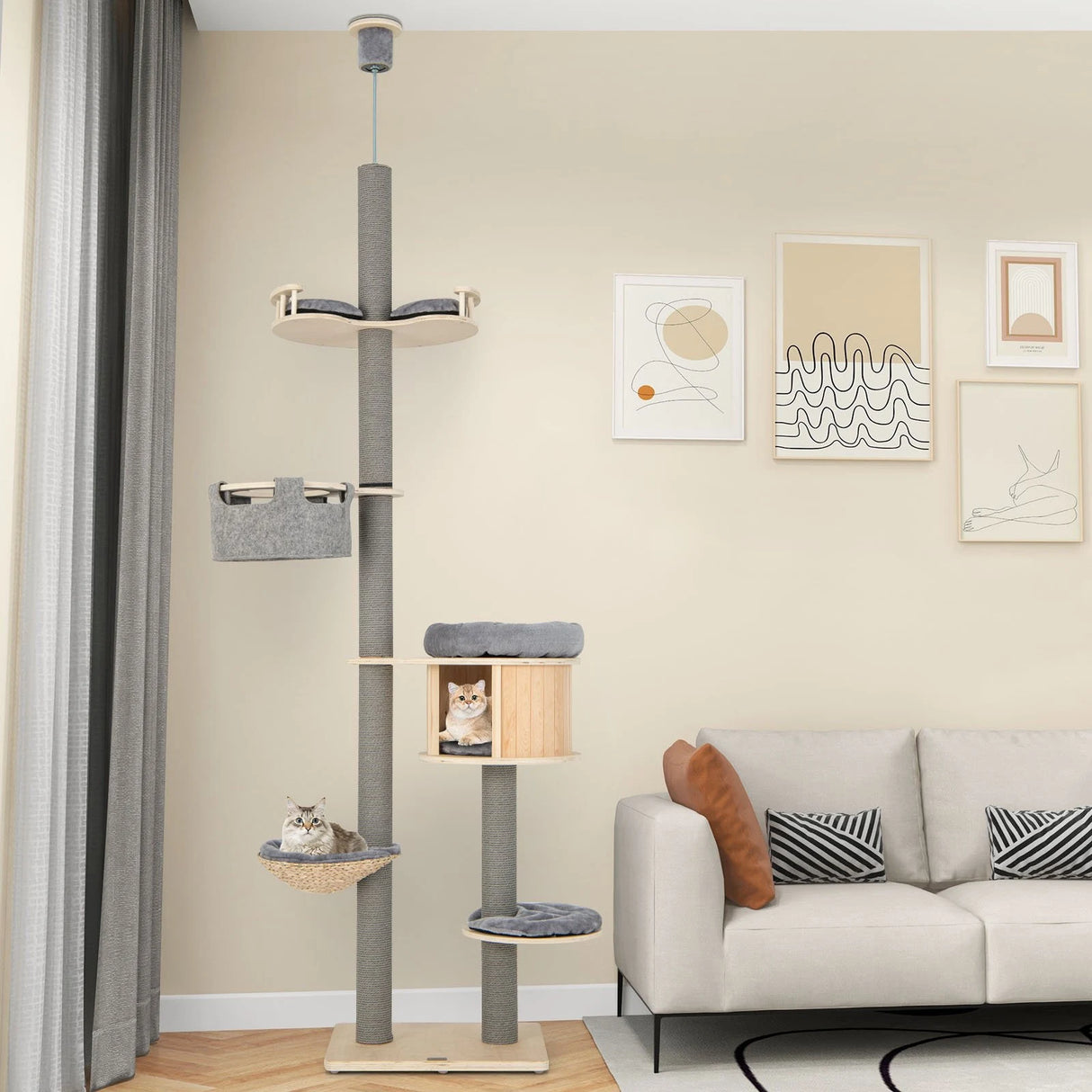 255-280cm Adjustable Height Floor-to-Ceiling Cat Tree with Cat Condo-Natural