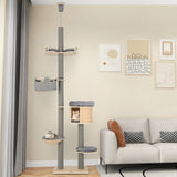 255-280cm Adjustable Height Floor-to-Ceiling Cat Tree with Cat Condo-Natural