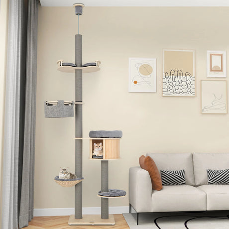 255-280cm Adjustable Height Floor-to-Ceiling Cat Tree with Cat Condo-Natural