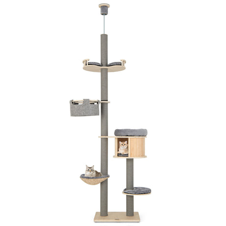 255-280cm Adjustable Height Floor-to-Ceiling Cat Tree with Cat Condo-Natural